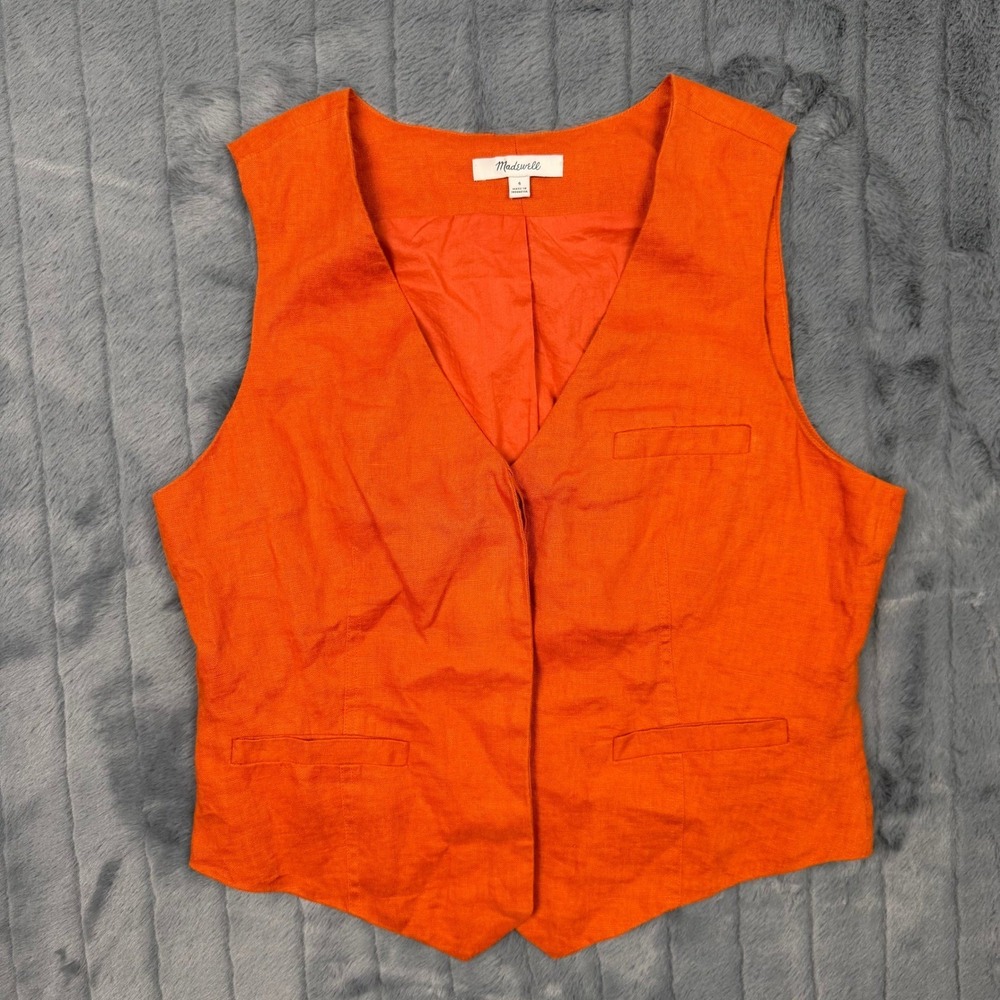 Madewell Womens Orange 100% Linen Tailored Waistcoat Vest Size 4 V-Neck Pocket